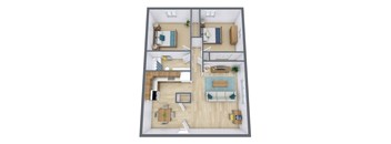 a 3d drawing of the layout of a bedroom with a living room