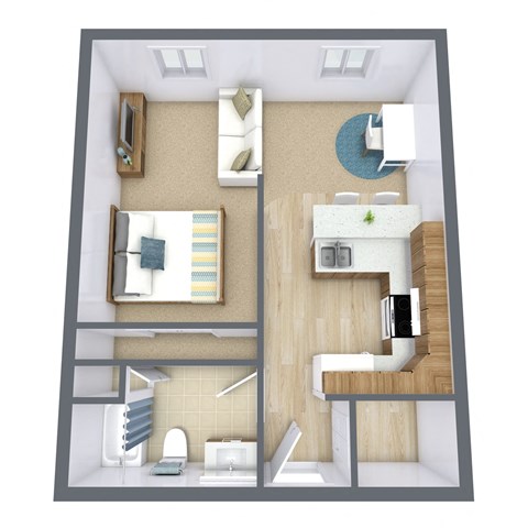 a bedroom with a bathroom and a living room