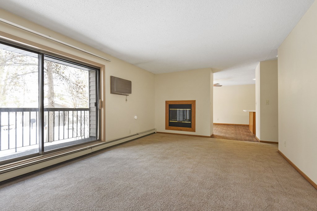 Anoka, MN Dellwood Estates Apartments. a living room with a fireplace and a large window
