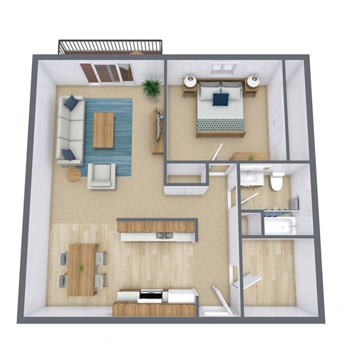 a 3d floor plan of a bedroom with a bathroom and a living room
