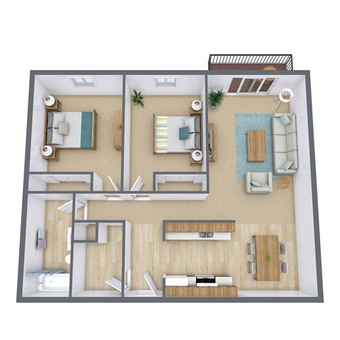 a 3d drawing of the layout of a bedroom with a living room