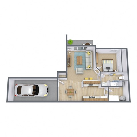 a floor plan of a residence with a car and a balcony
