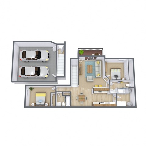 a 3d floor plan of a residence and a car garage