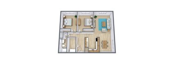 a 3d floor plan of a bedroom with a living room