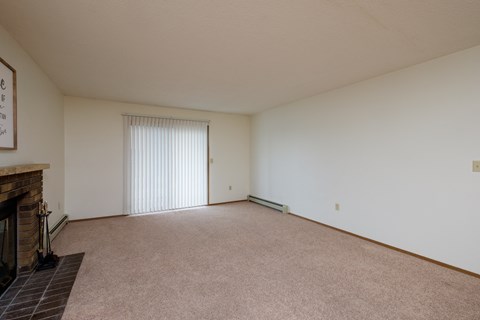 a living room with a fireplace and a sliding glass door. Fargo, ND Dynasty Apartments