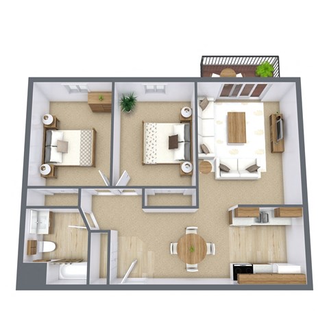 a 3d drawing of a bedroom with a living room