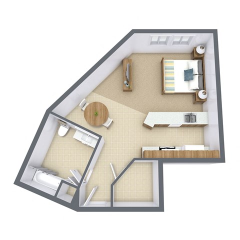 a floor plan of a small apartment with a bedroom and a bathroom