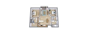 a 3d floor plan of a home with a bedroom and living room