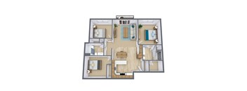 a 3d floor plan of a residence with bedroom and living room