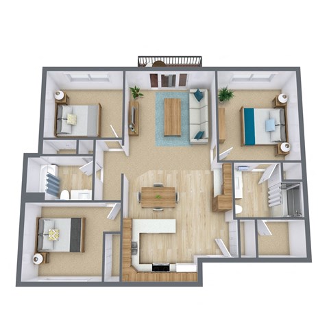 a 3d floor plan of a residence with bedroom and living room
