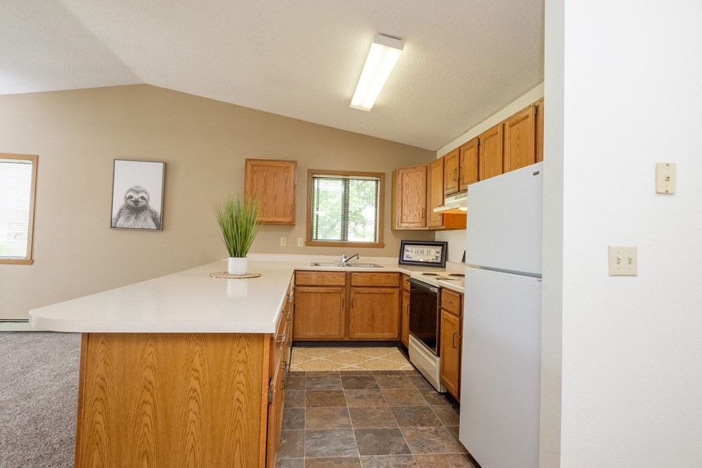 a kitchen with a white countertop and wooden cabinets. Fargo, ND Flickertail Apartments