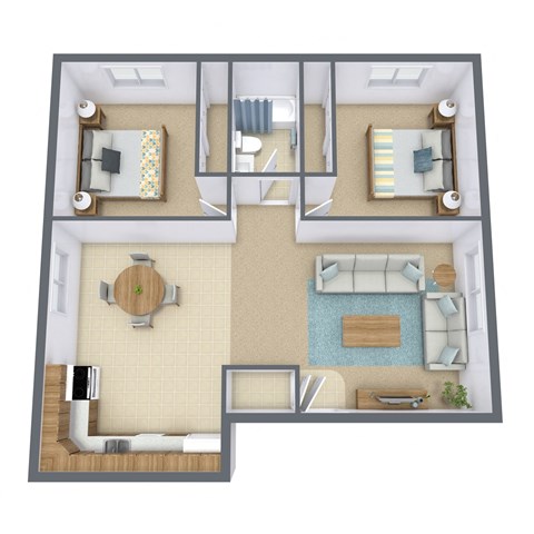 a bedroom floor plan with a bathroom and a living room