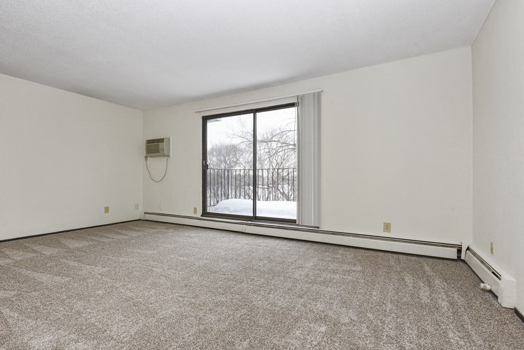 Fridley, MN Georgetown Apartment. A living room with a large window and a carpeted floor