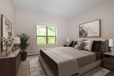 Eagan, MN Glen Pond Addition Apartments. A bedroom with a large bed and a large window