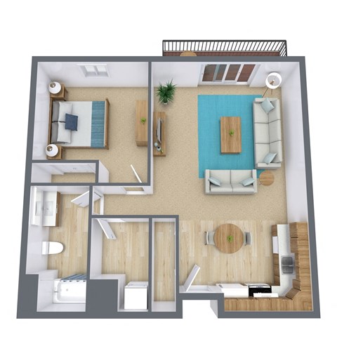 A 3D floor plan of a house with a pool.