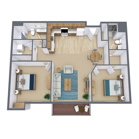 A top-down view of a house layout with a central living area, two bedrooms, a kitchen, and a bathroom.