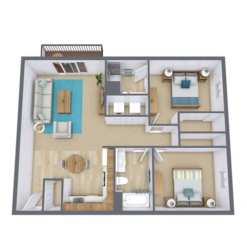 A 3D floor plan of a house with multiple rooms and furniture.