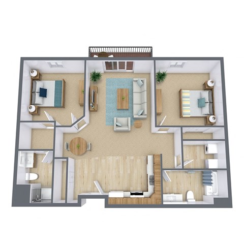 A top-down view of a house interior with a central living room, two bedrooms, a kitchen, and a bathroom.