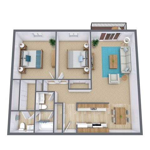 a 3d floor plan of a bedroom with a living room and a bathroom