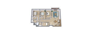 A 3D floor plan of a house with multiple rooms and furniture.