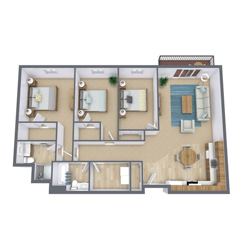 A 3D floor plan of a house with multiple rooms and furniture.