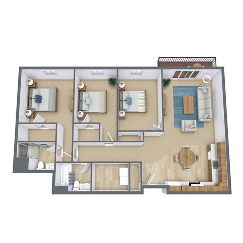 A 3D floor plan of a house with multiple rooms and furniture.