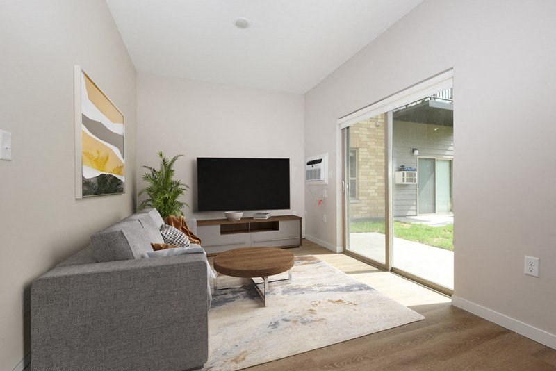 a living room with a couch and a coffee table