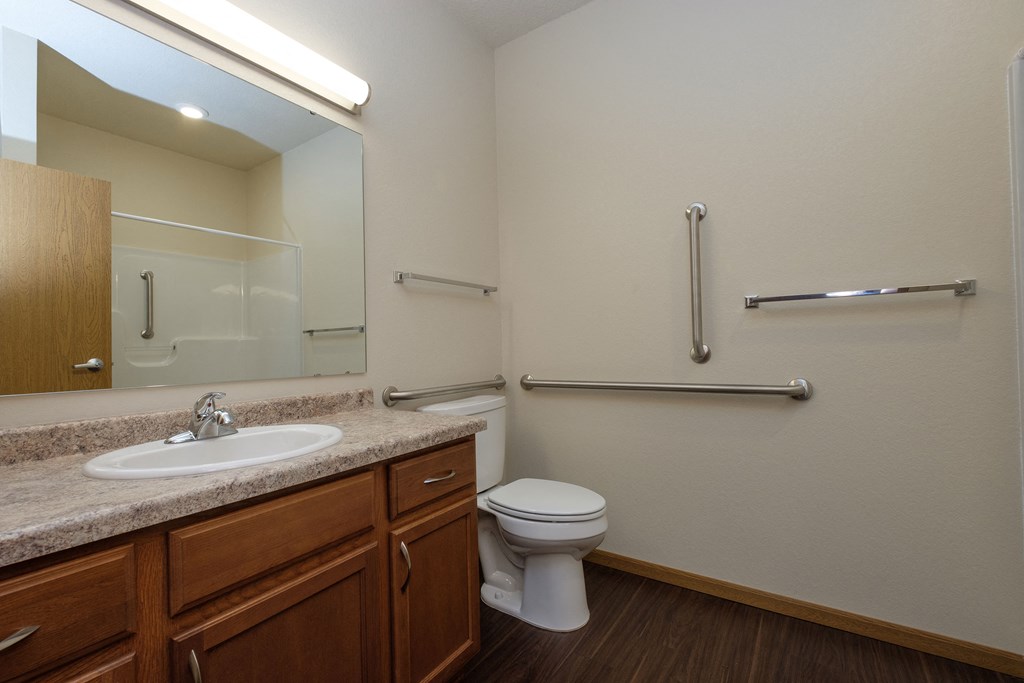a bathroom with sink toilet and mirror. Fargo, ND North Sky Apartments