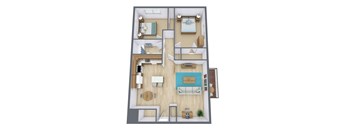 A 3D floor plan of a house with a kitchen, living room, and two bedrooms.