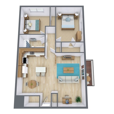 A 3D floor plan of a house with a kitchen, living room, and two bedrooms.