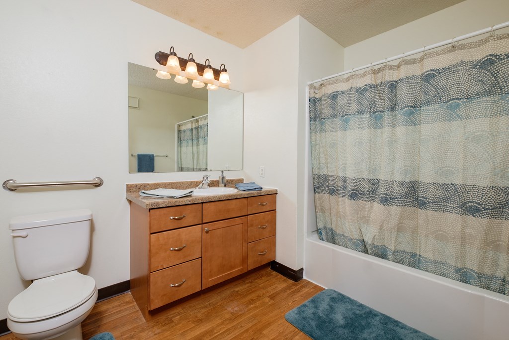 a bathroom with a toilet sink and mirror and a shower. Fargo, ND Maybrook Apartments