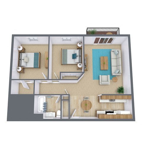 A 3D floor plan of a house with two bedrooms, a living room, a kitchen, and a bathroom.