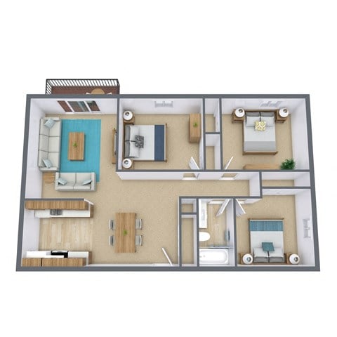 A 3D floor plan of a house with a kitchen, living room, and bedrooms.