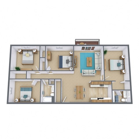 A 3D floor plan of a house with a living room, kitchen, dining room, and bedrooms.