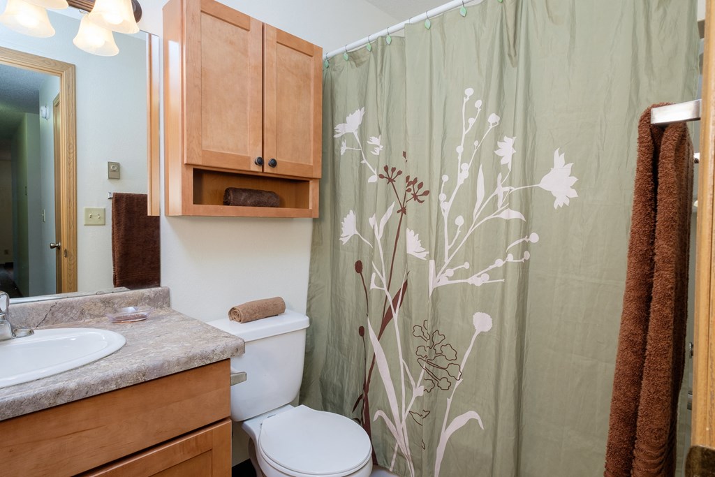 a bathroom with a shower curtain and a sink and a toilet. Fargo, ND Monticello Apartments