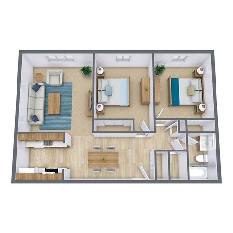 a 3d floor plan of a bedroom with a living room