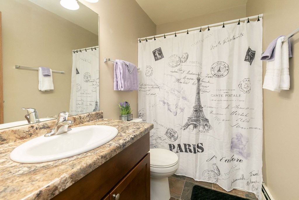 a bathroom with a shower curtain with the eiffel tower. Fargo, ND Islander Apartments