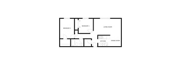 A floor plan of a house with two bedrooms, a living room, a kitchen and a dining room.