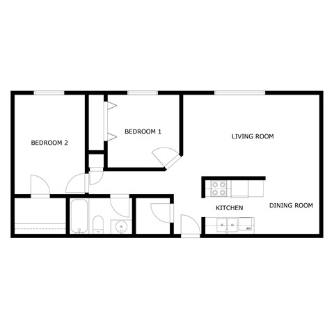 A floor plan of a house with two bedrooms, a living room, a kitchen and a dining room.