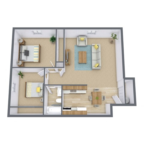 2 Bed 1 Bath 934 Sq. Ft. Floor Plan Oak Court Apartments | Fargo, ND