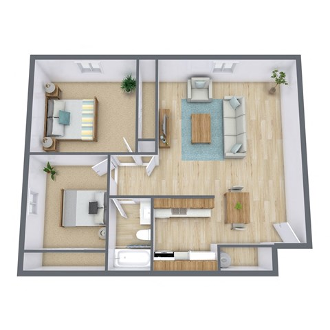 2 Bed 1 Bath 934 Sq. Ft Floor Plan |Oak Court Apartments | Fargo, ND