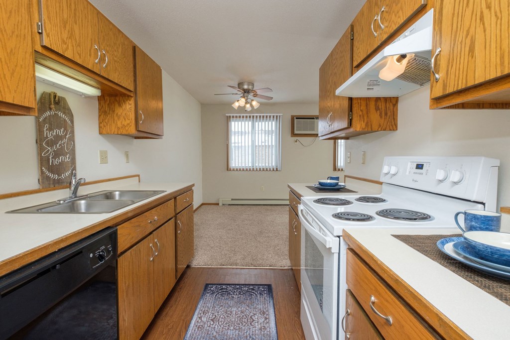 the view of a kitchen with a stove top oven and a sink. Fargo, ND Park Circle Apartments.