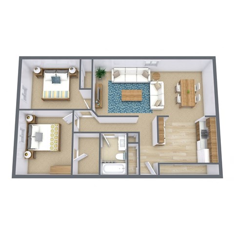 a 3d floor plan of a house with a living room and a bedroom