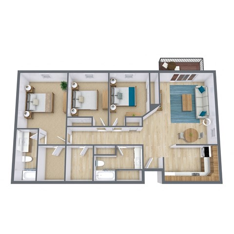 3 Bed 2 Bath 1,200 Sq. Ft. Floor Plan  at Park Place Apartments in Fargo, ND 58103