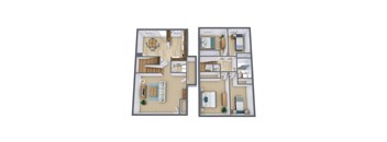 A 3D floor plan of a house with two rooms on the left and two rooms on the right.