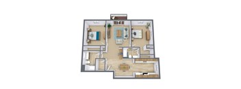 A top-down view of a house layout with a living room, kitchen, and bedrooms.