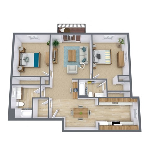 A top-down view of a house layout with a living room, kitchen, and bedrooms.