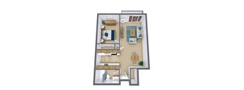 A 3D floor plan of a small apartment with a living room, kitchen, and bedroom.