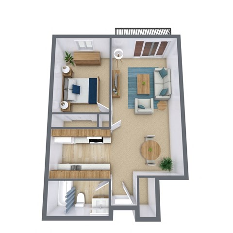 A 3D floor plan of a small apartment with a living room, kitchen, and bedroom.