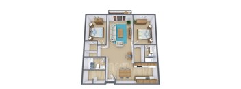 A 3D floor plan of a house with a living room, kitchen, dining room, and bedrooms.